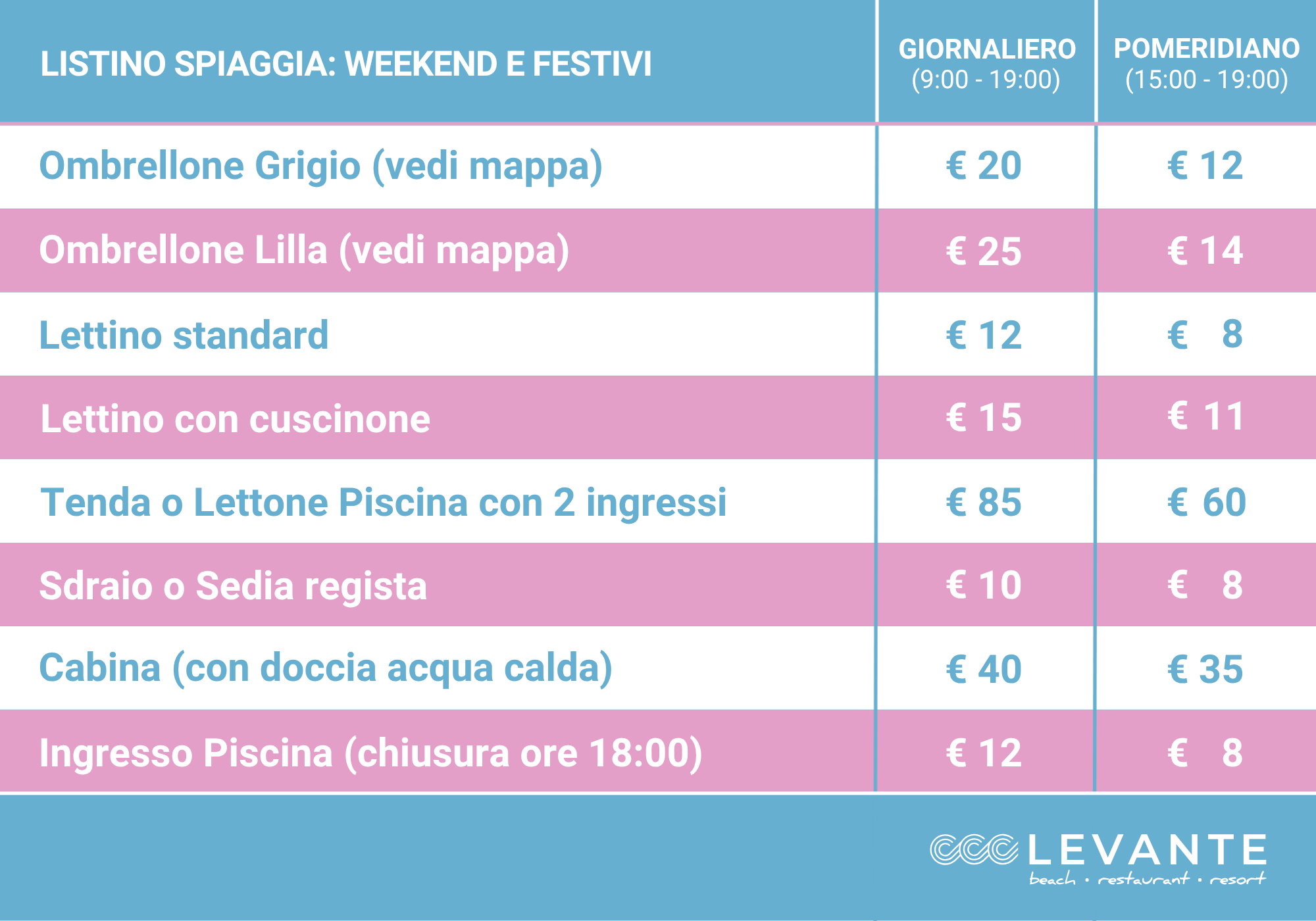 Listino weekend e festivi